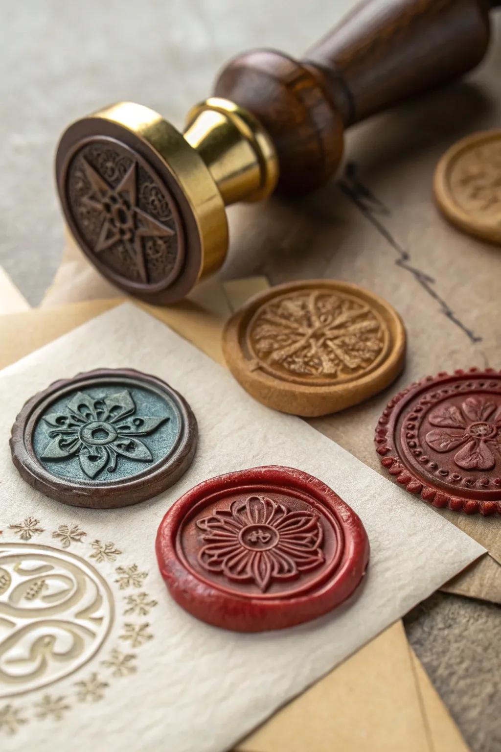 A selection of unique wax imprint stamps, each providing a different artistic style.