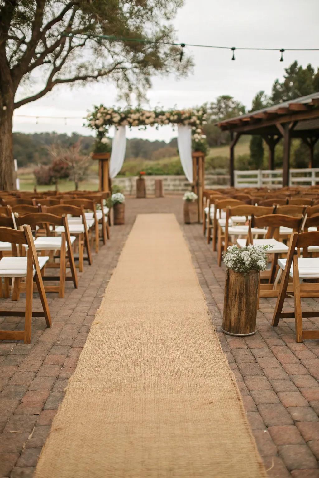 A charming countryside touch with a jute path covering in an outdoor aisle.