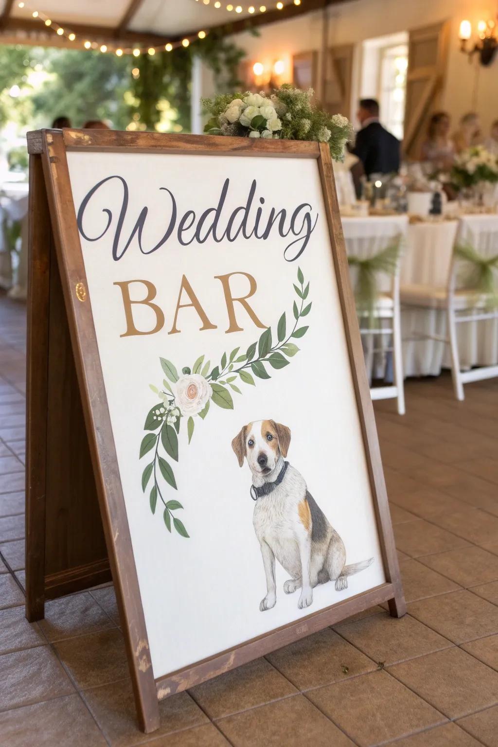 A personalized bar sign showcasing a custom pet illustration.