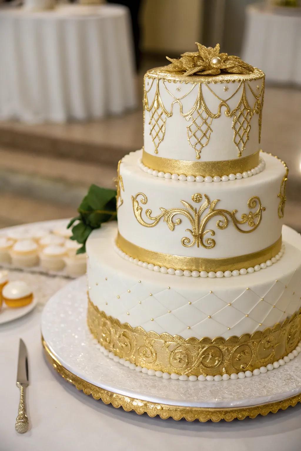 A wedding cake with gold metallic highlights for amplified elegance.