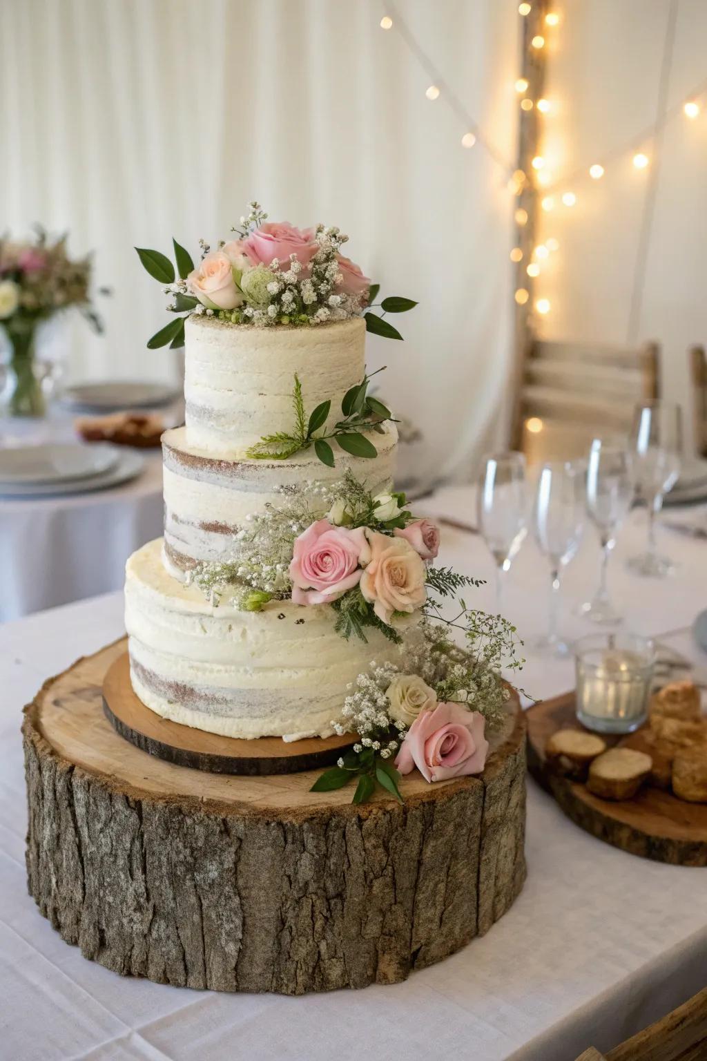 Country allure through wood details improving the cake display.