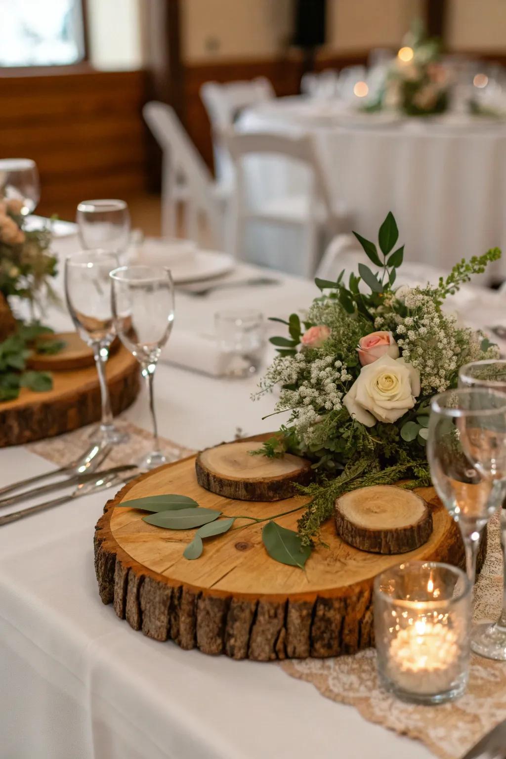 Raw timber details introduce a touch of rustic attraction to a wedding table centerpiece.