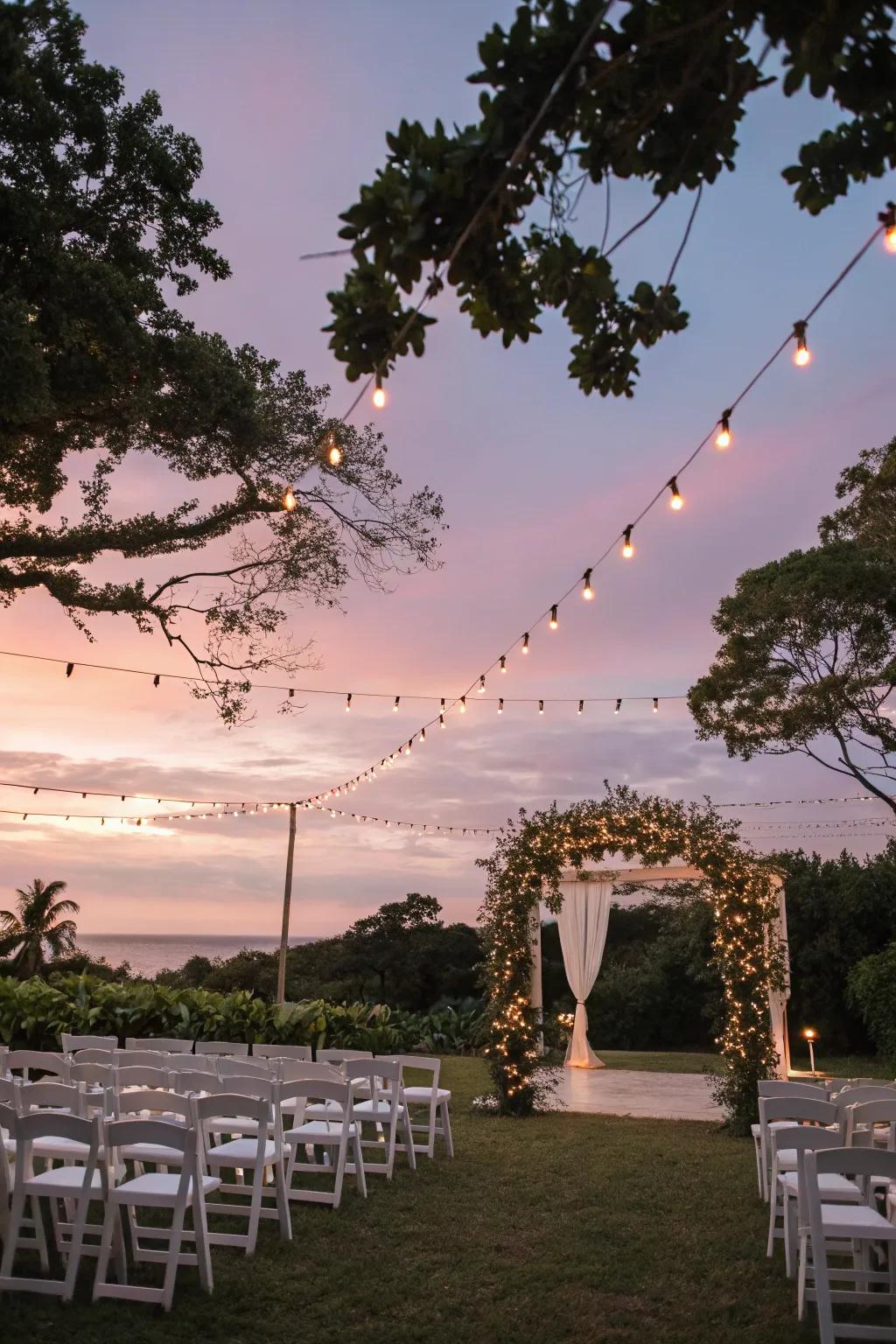 A wedding spot outside wonderfully illuminated with rope lighting hanging from trees.