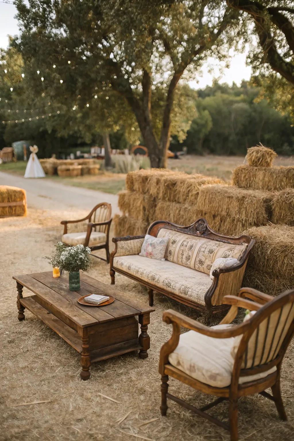 A snug countryside-inspired social space for wedding attendees.