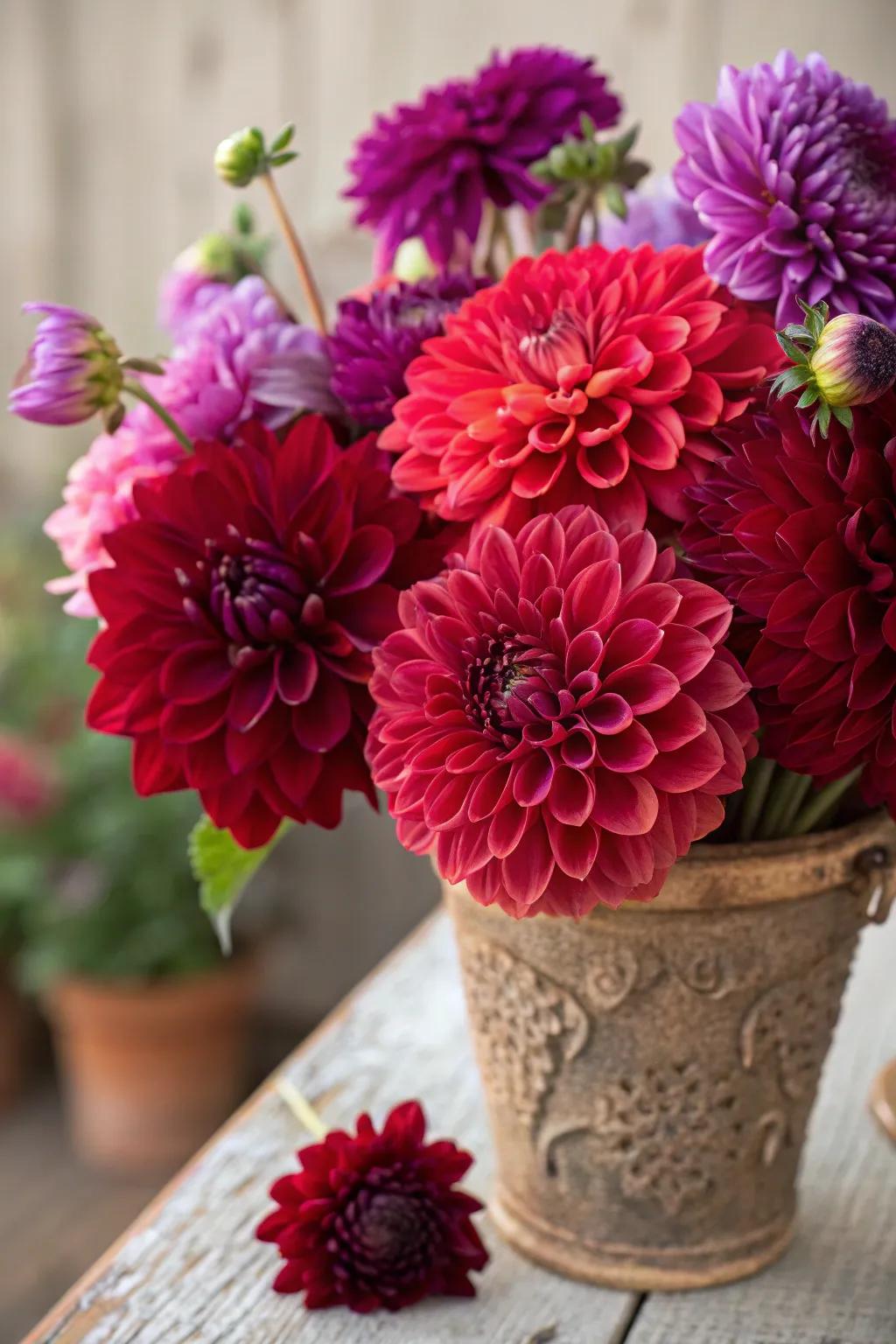 A striking dahlia arrangement in deep autumn hues.
