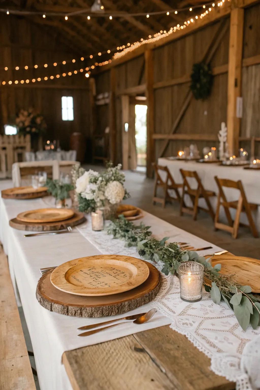A rustic wedding head table featuring wooden accents.