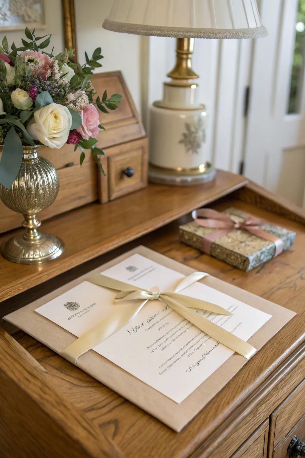 Silk ribbon wrap adding opulence to a wedding invitation.