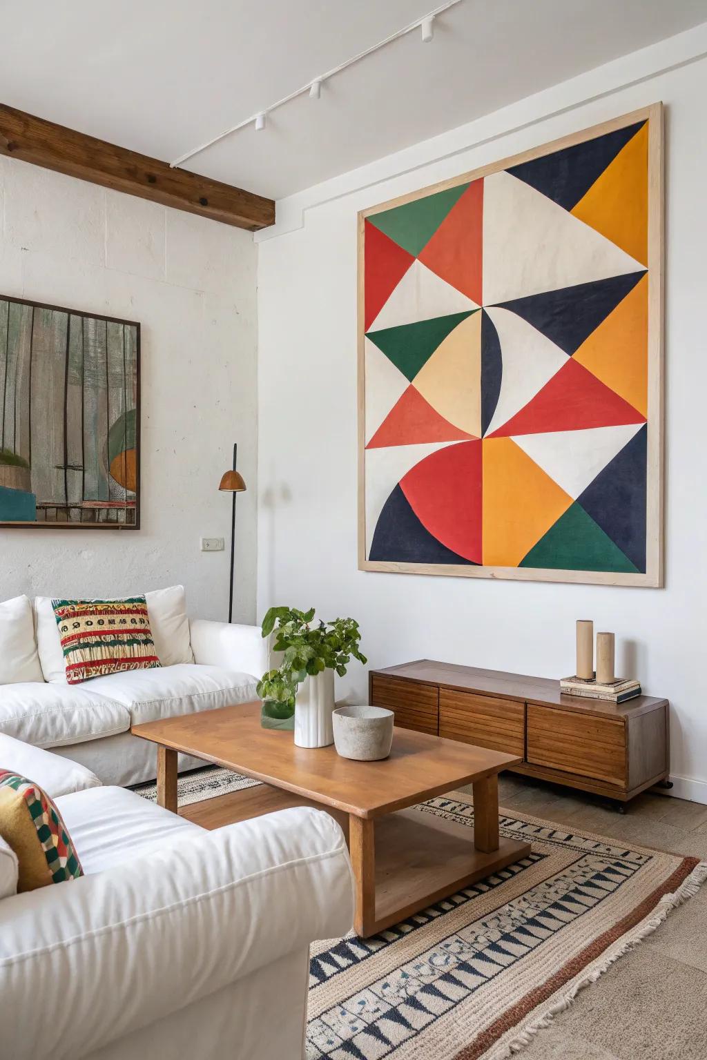 An abstract geometric artwork lending contemporary style to a minimalist setting.