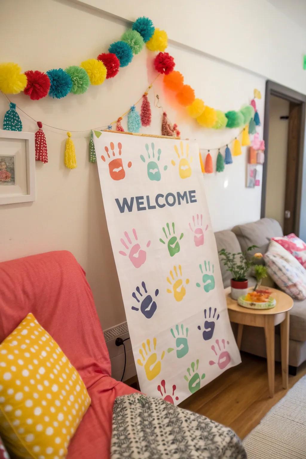 Family handprints bring a personal touch to welcome signs.