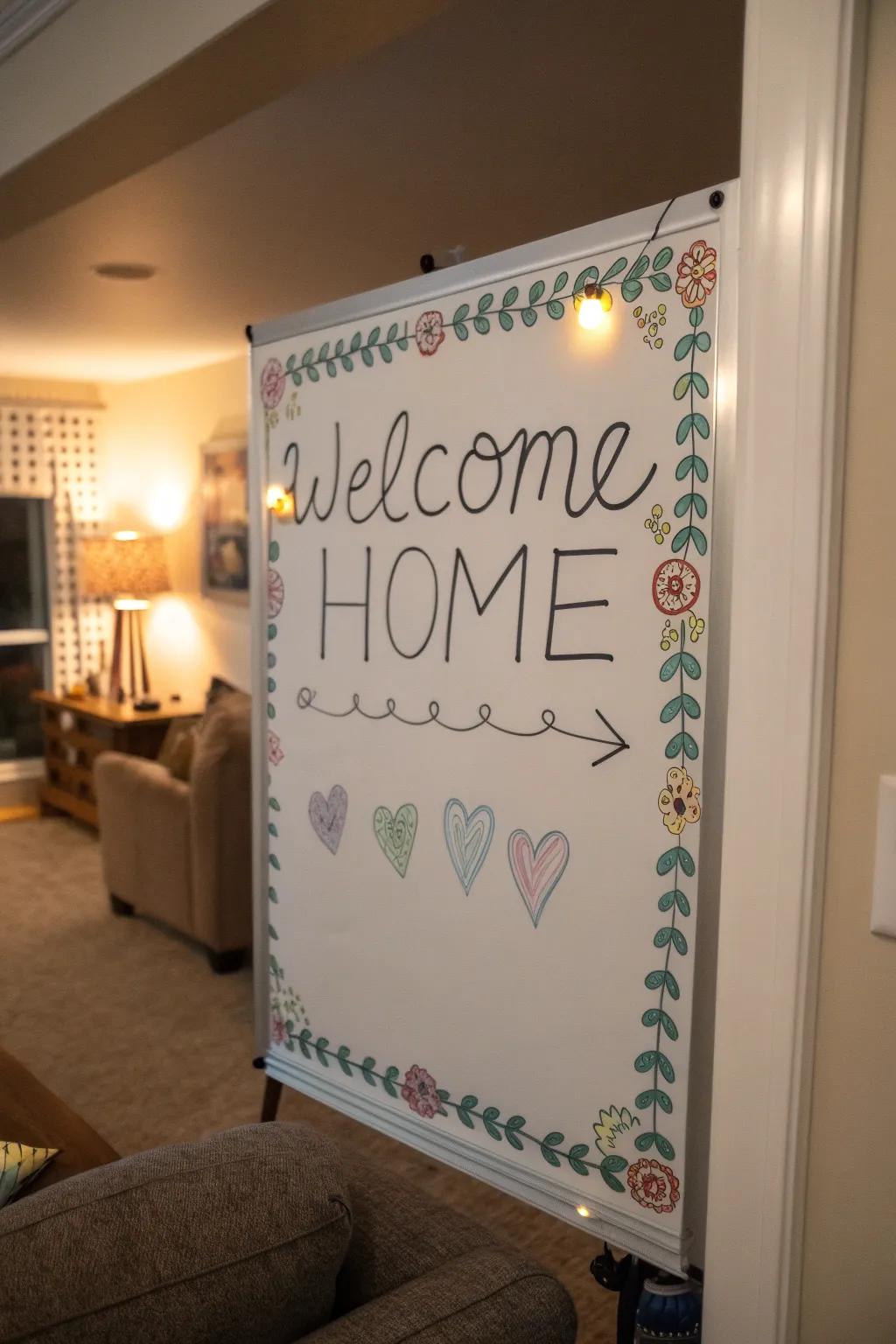 A creative edge framing a welcome note on a display board.