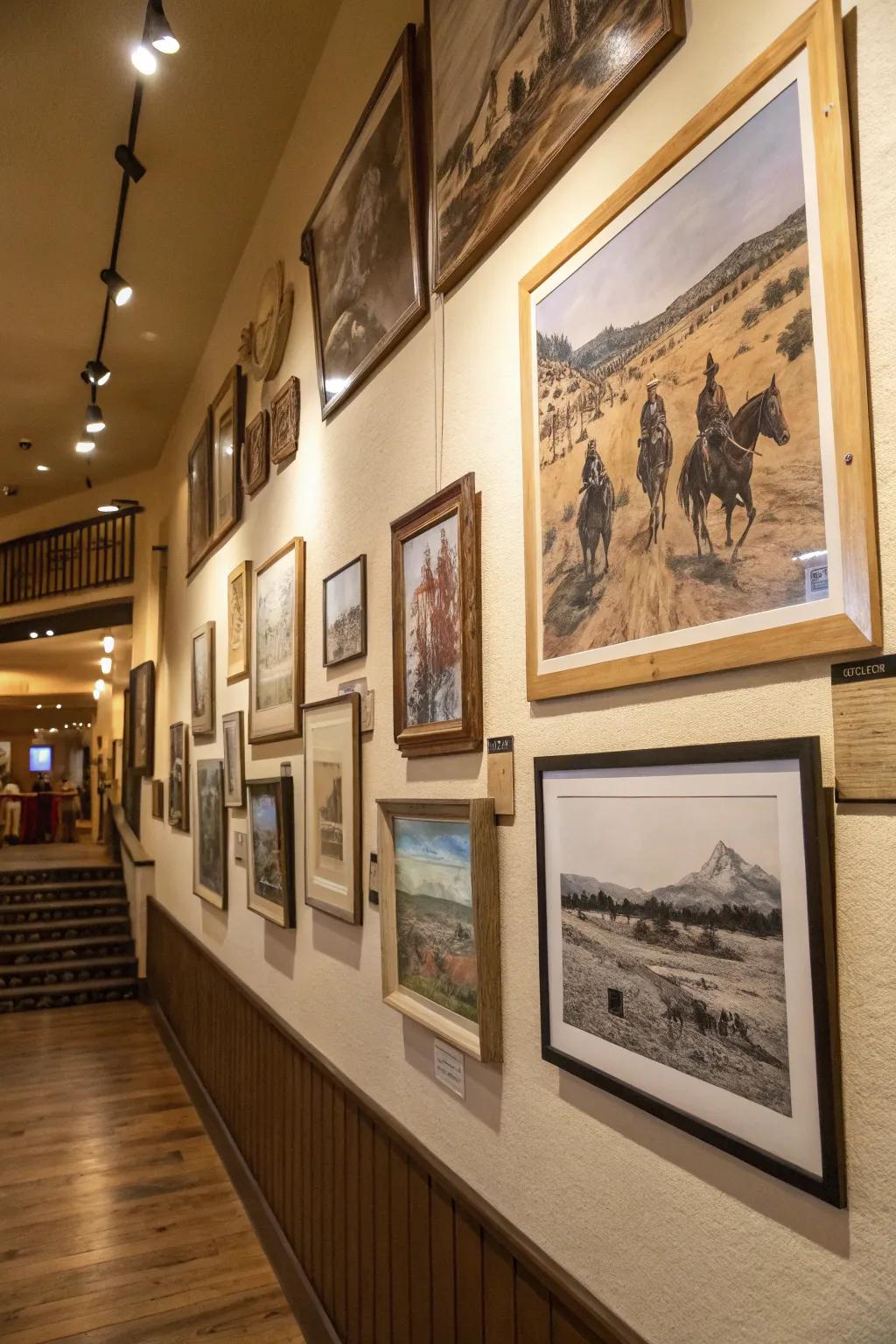 Western-themed display wall with diverse artistic pieces.