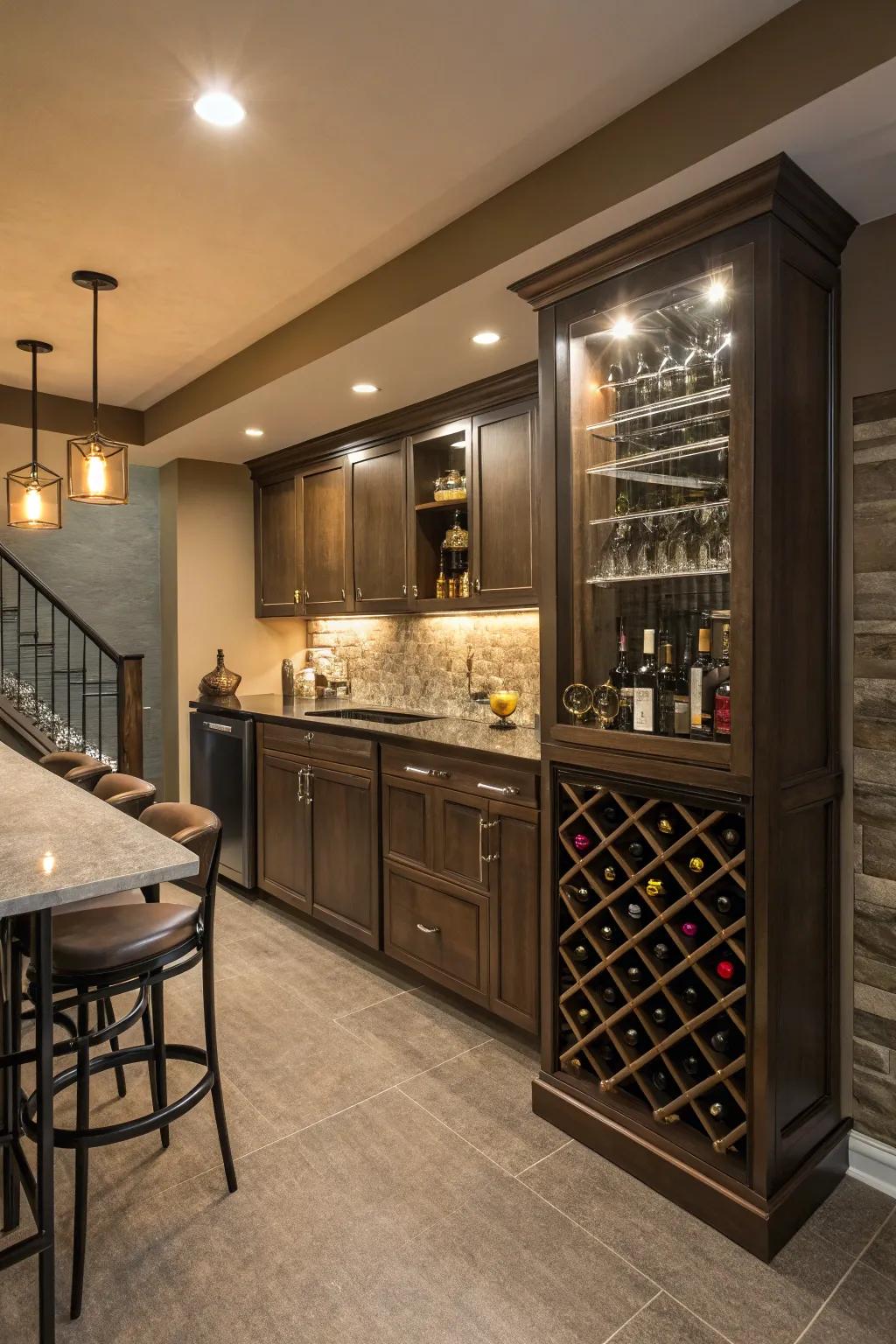 A wine rack wall serves not just to hold your bottles but also as a captivating main attraction.