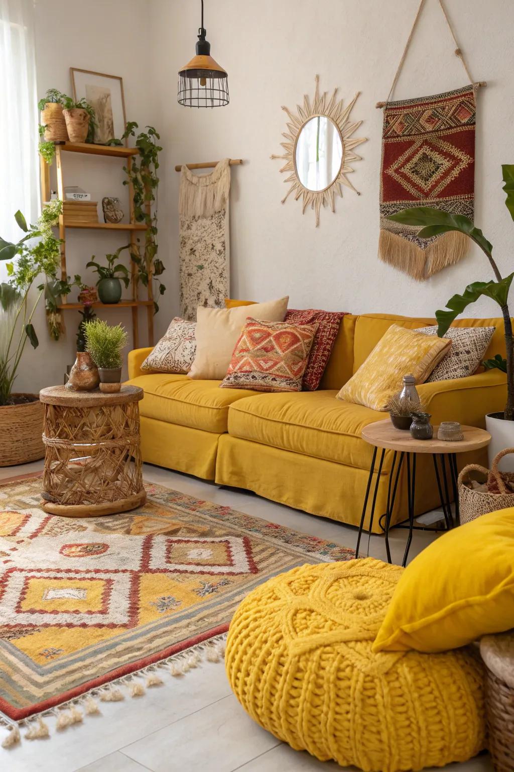 Boho living space with toasty yellow and ochre accents.