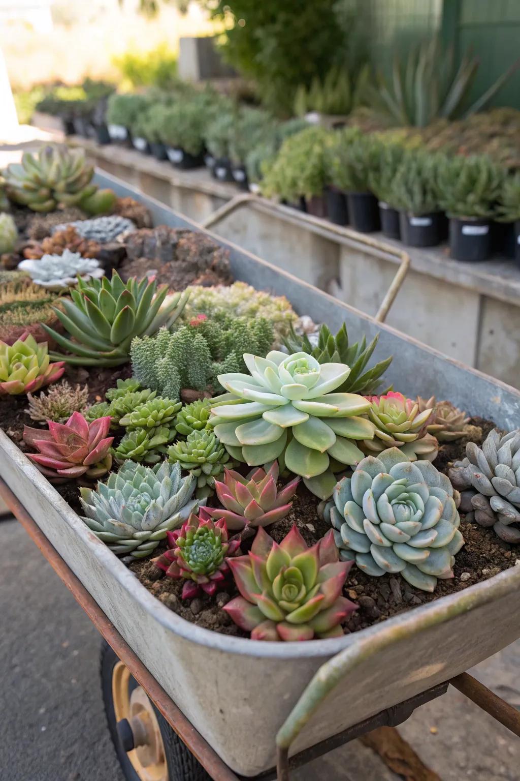A fashionable succulent creation within a garden wheelbarrow.