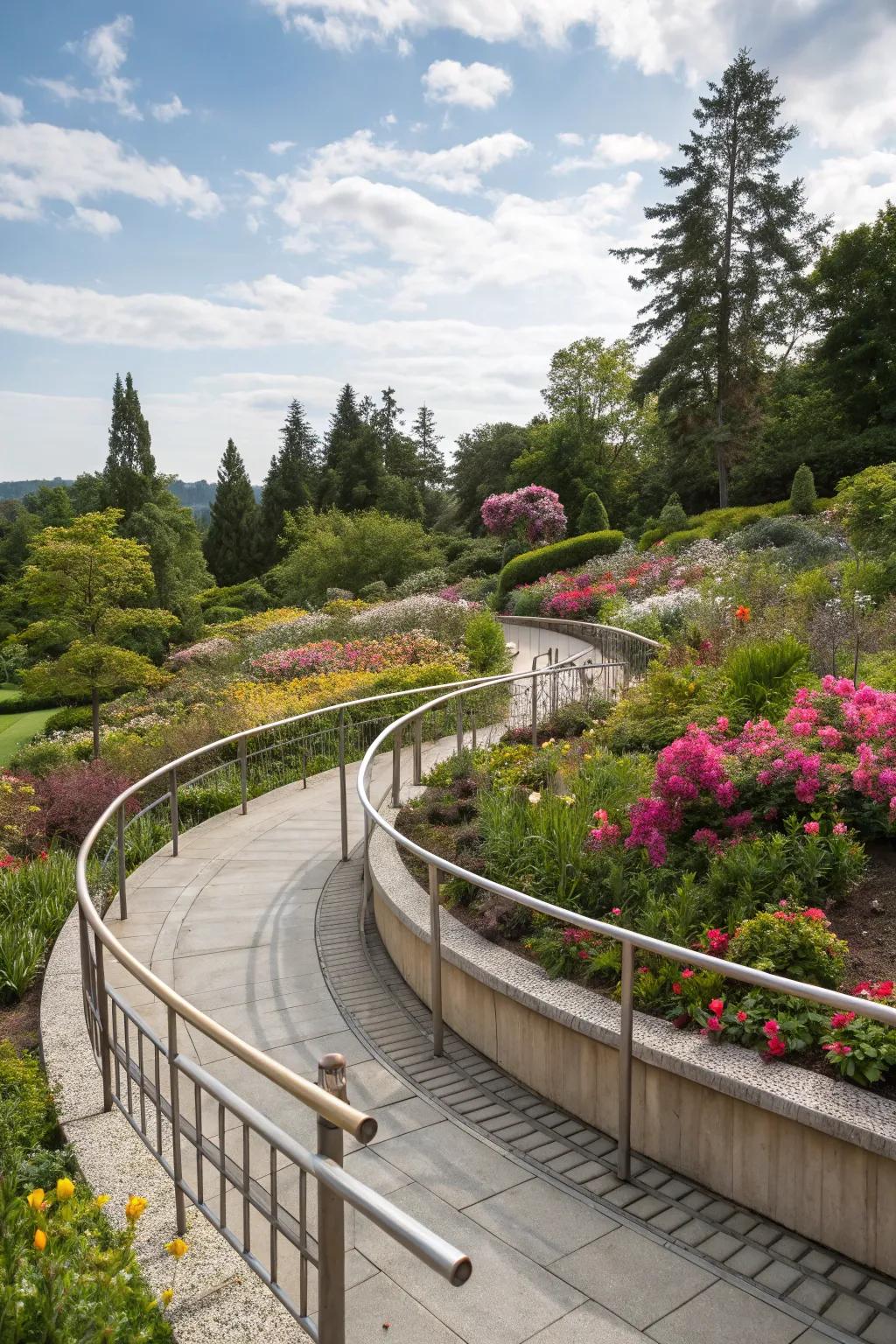 An elegant curved ramp that enhances the natural flow of the garden.