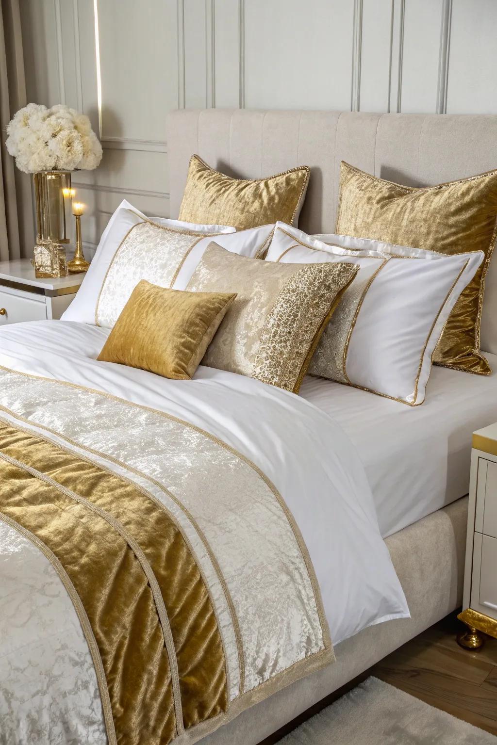 The richness of velvet and satin textures enhances comfort.