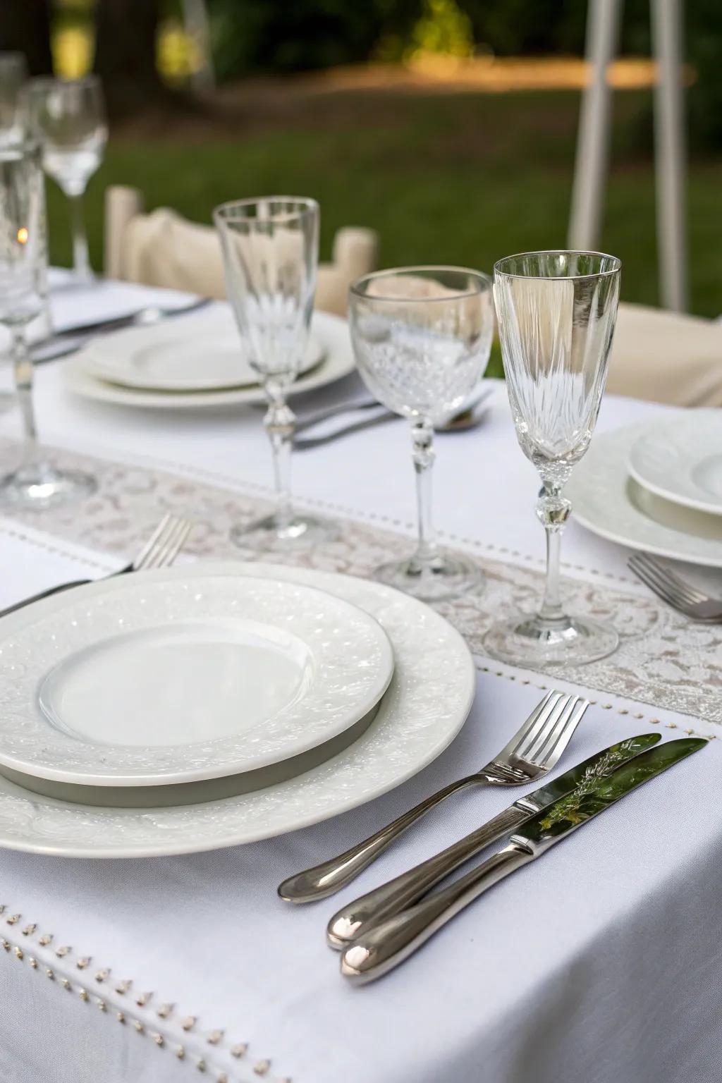 Set a sophisticated table with white and silver accents.