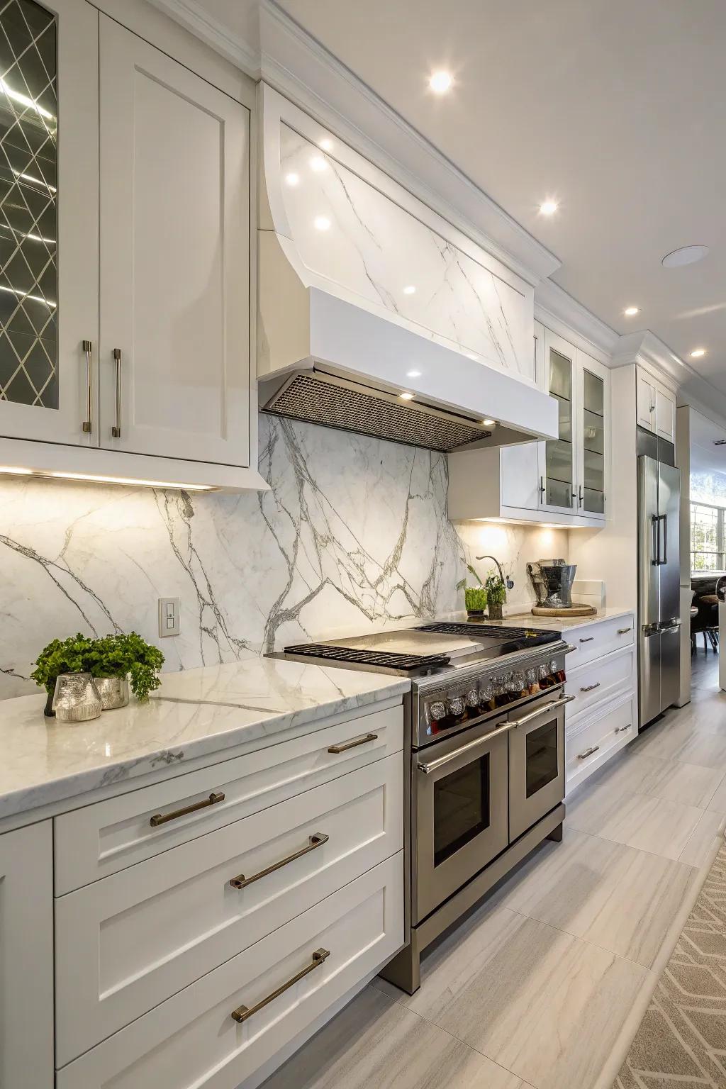 Sophisticated white polished stone covering introduces a luxurious atmosphere.
