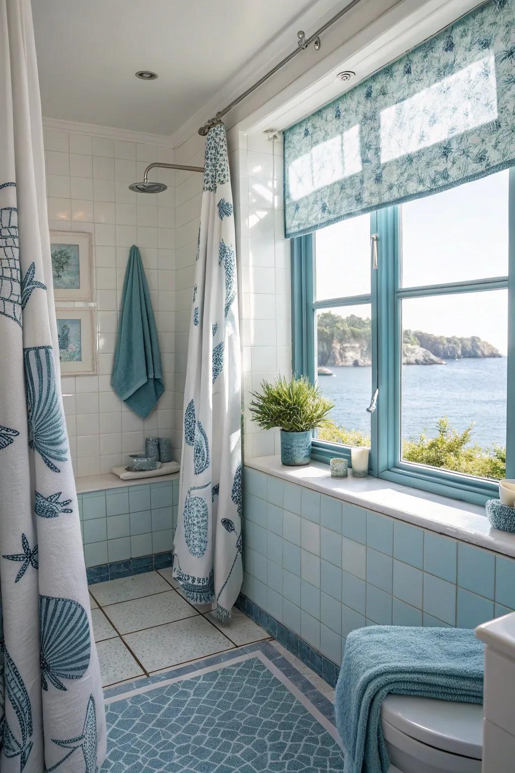 Soft blue accents are a perfect complement to the coastal vibe.