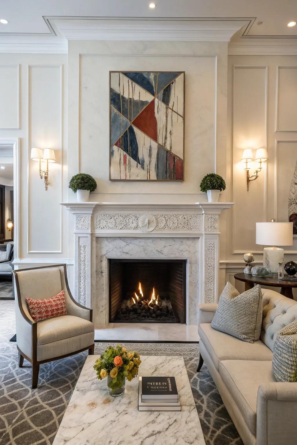 A white fireplace enhanced by a captivating piece of contemporary art.
