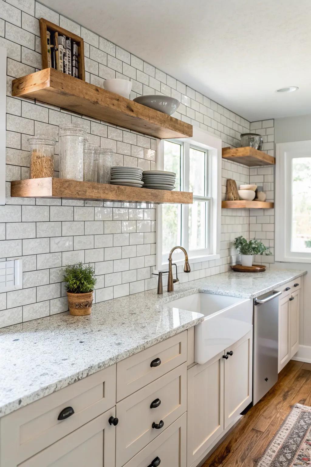 The warm attraction of brick complements the sleekness of frost white granite.