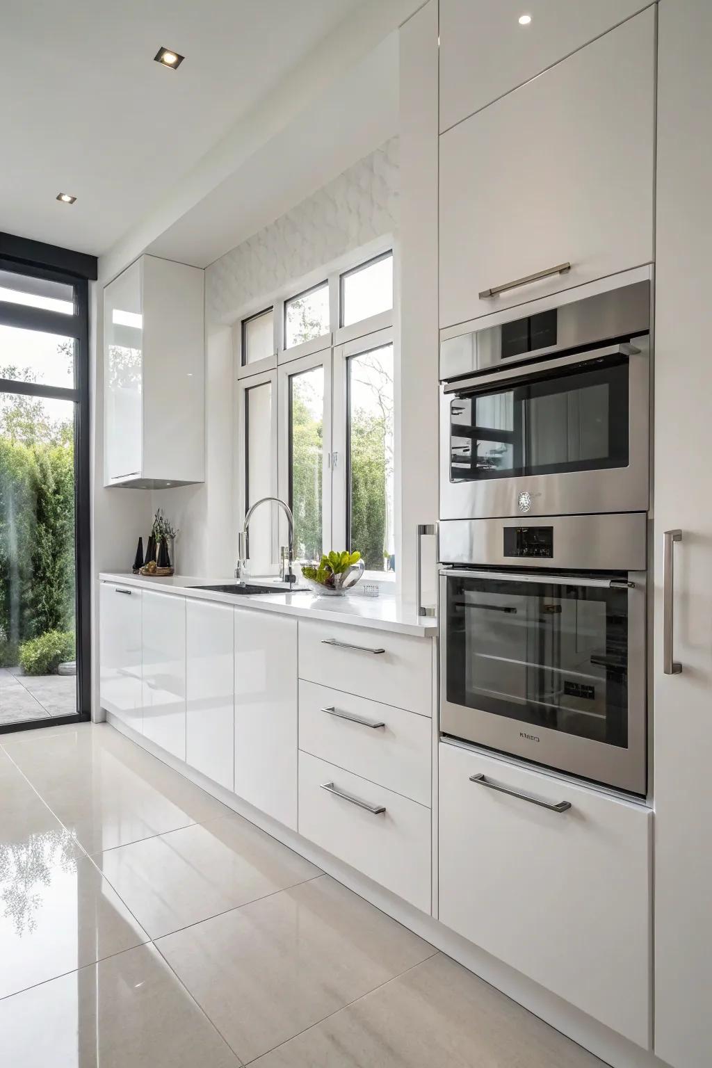 Sleek argent adornments for a modern minimalist kitchen design.