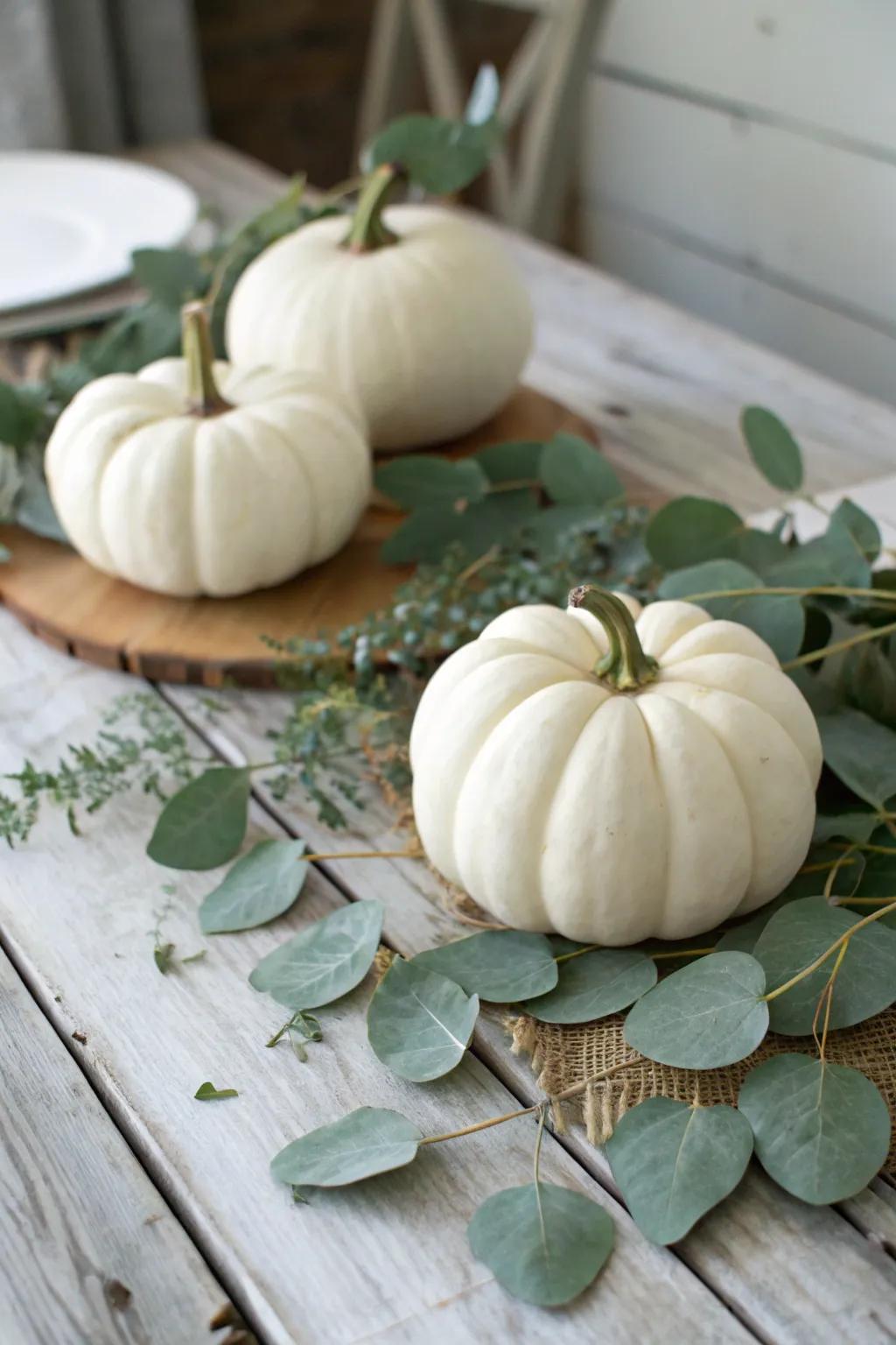 Greenery combined with white pumpkins for a natural touch.