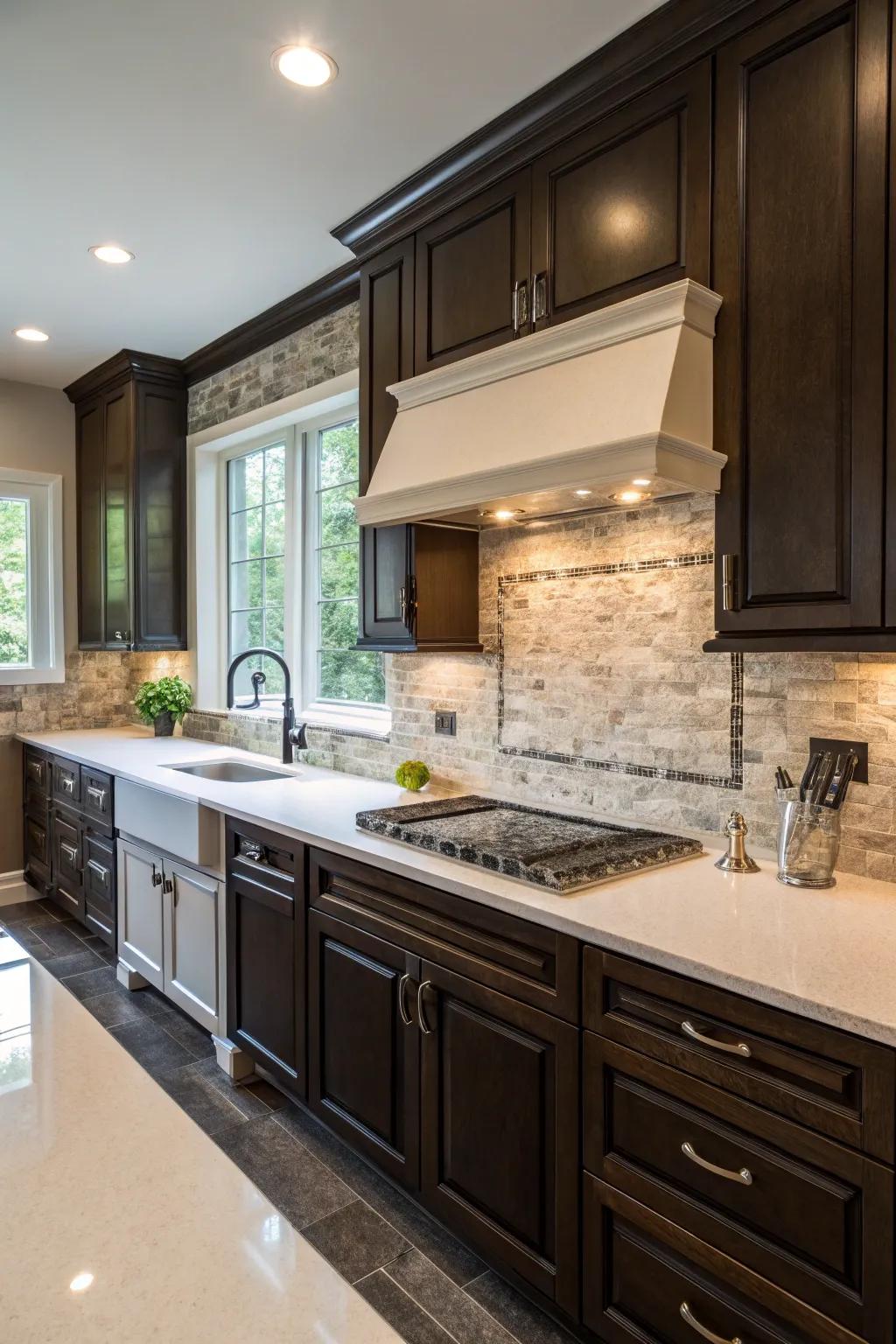 Great contrast using a dark crystalized stone backsplash in the cooking area.
