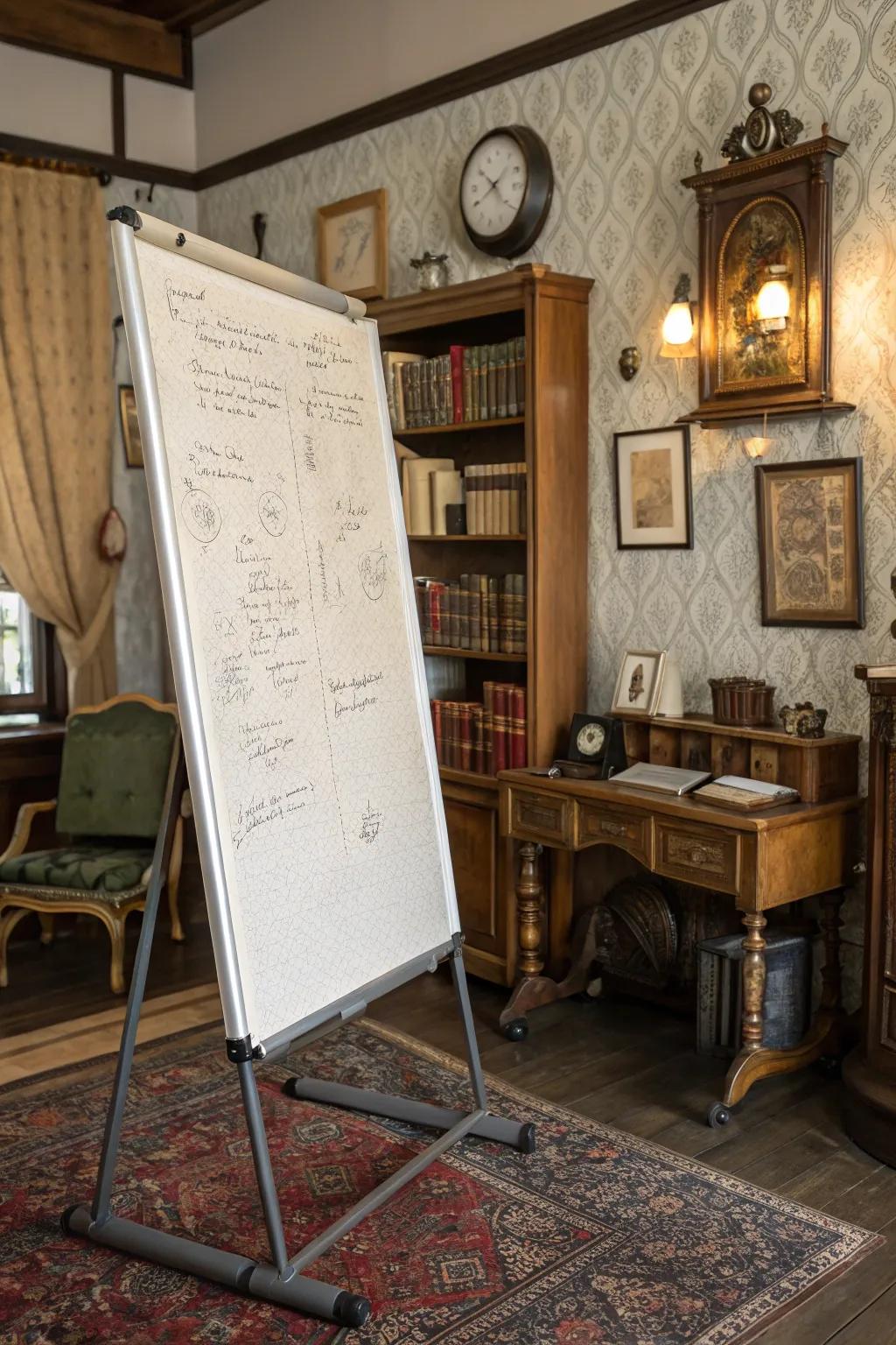 A fabric-covered whiteboard adds warmth and texture to the study.