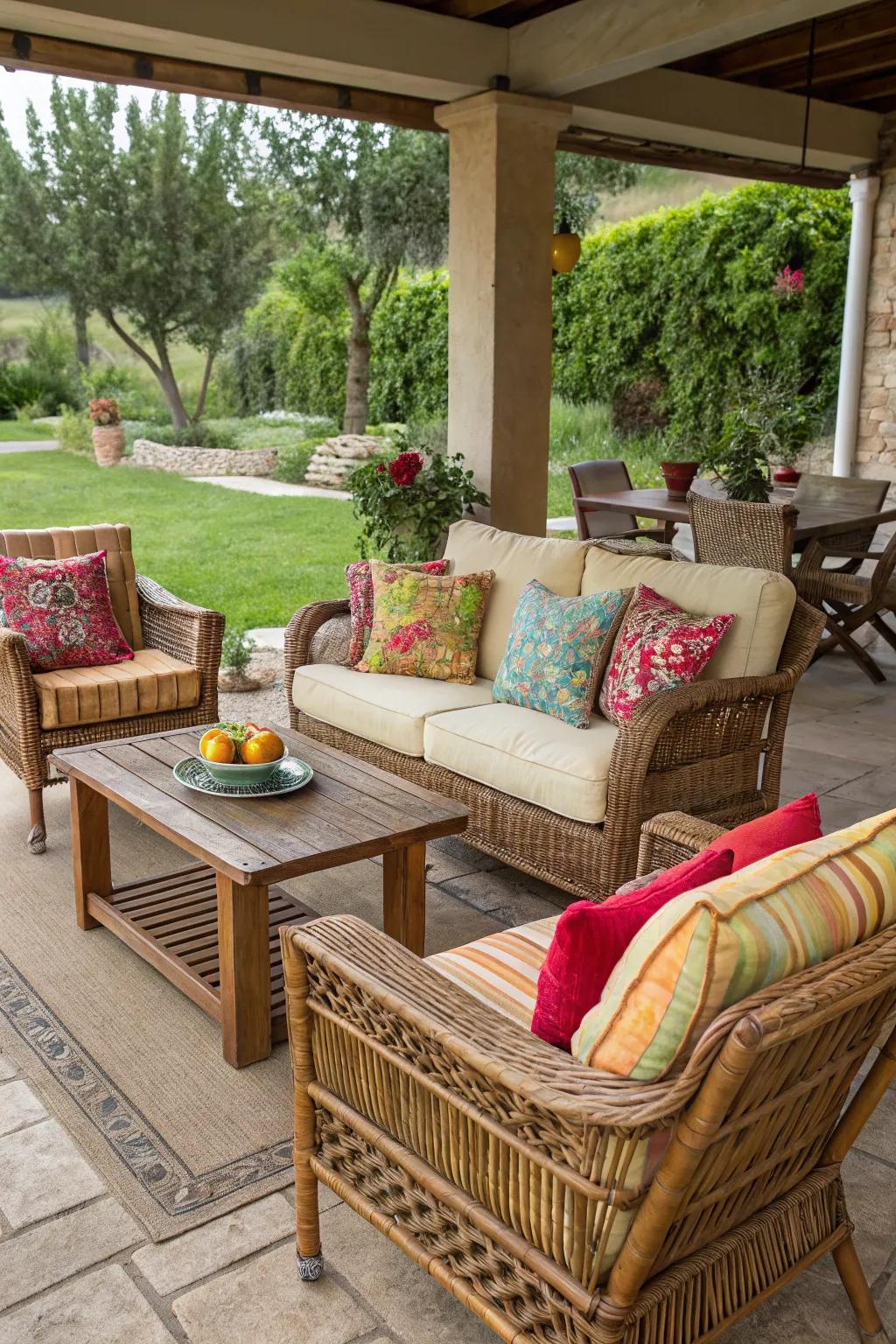 An enjoyable combination of patterns and hues delivering a distinctive patio aesthetic.