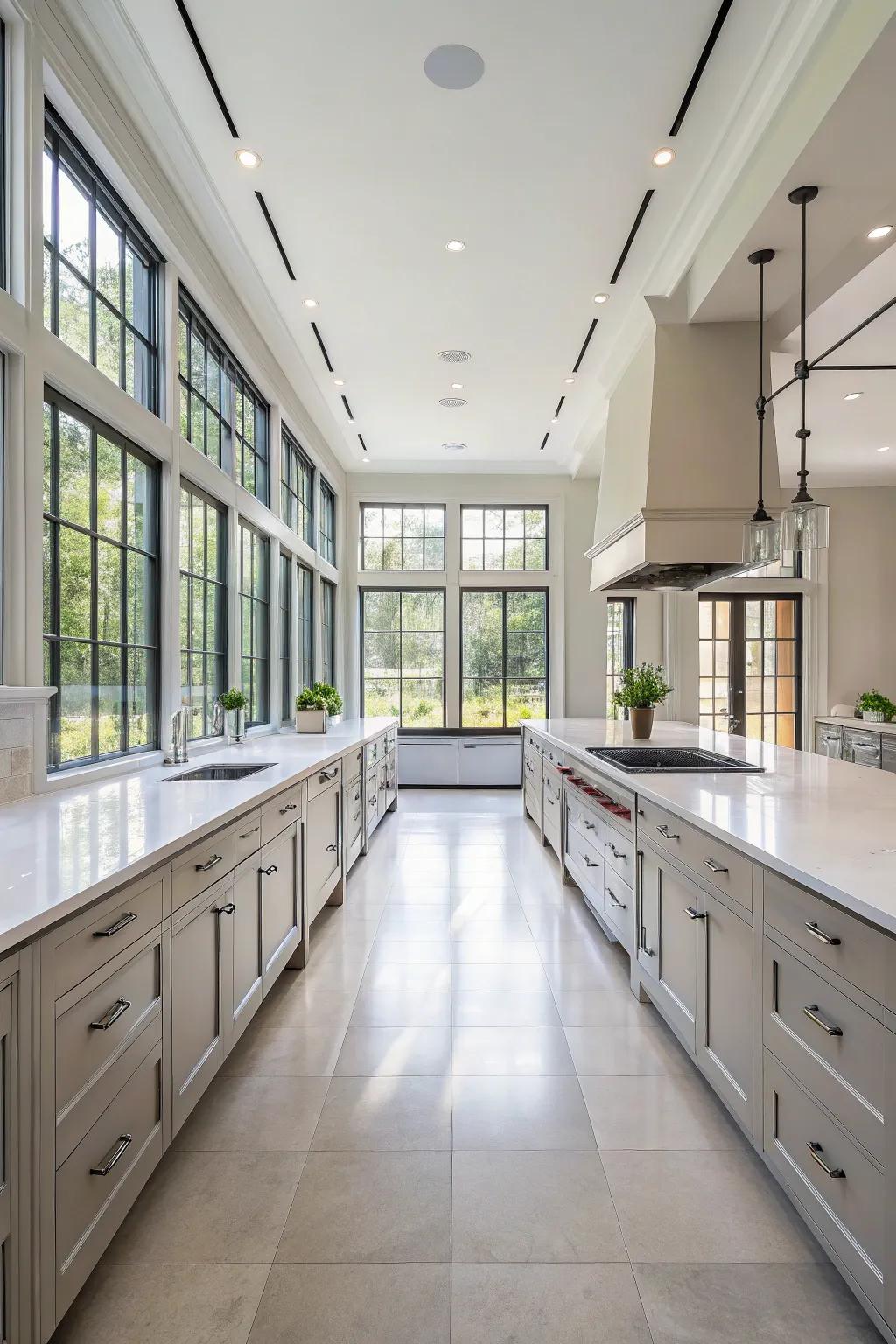 Symmetrical design components fostering equilibrium in a wide galley kitchen.