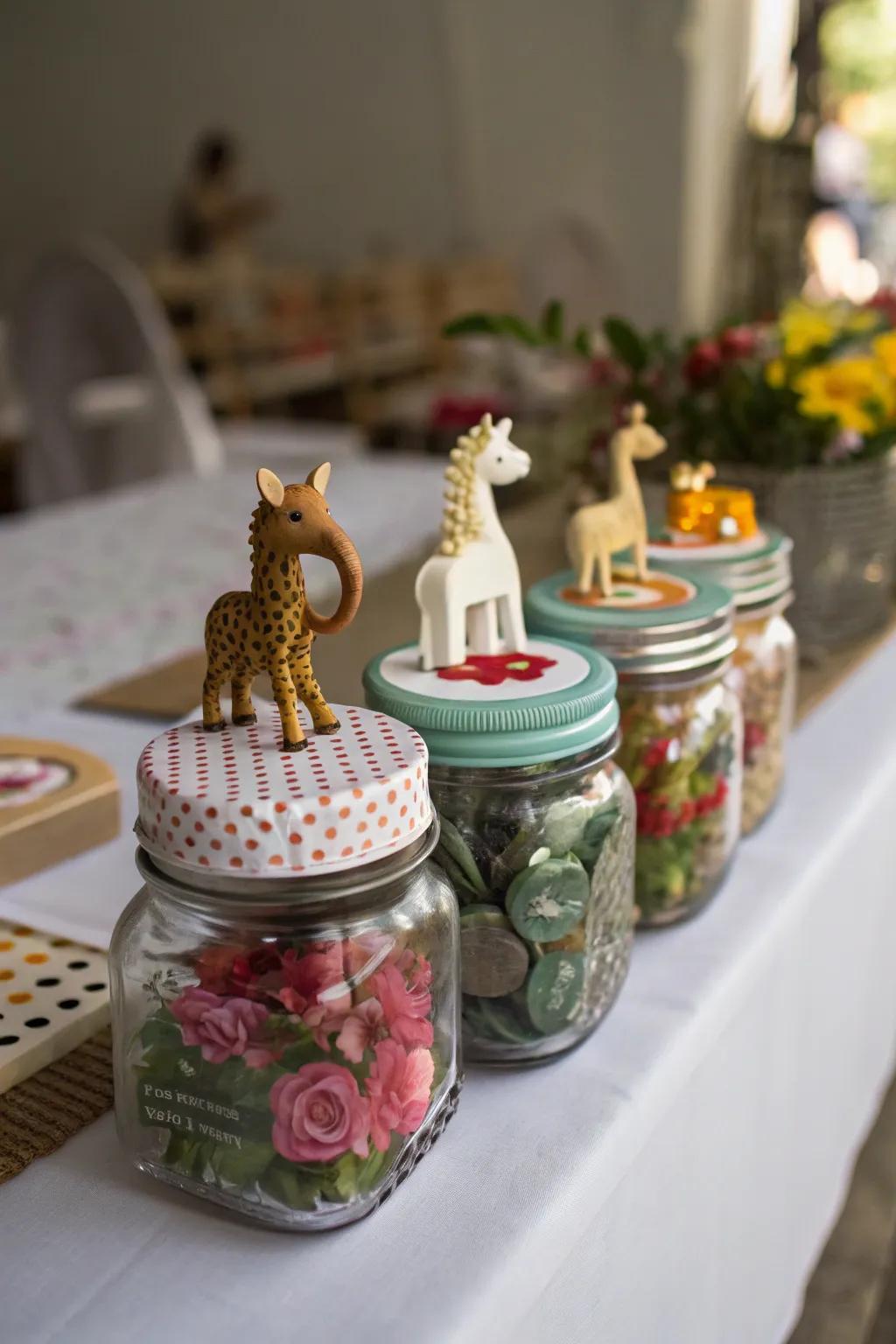 Standard jars enhanced with delightful creature figurines.