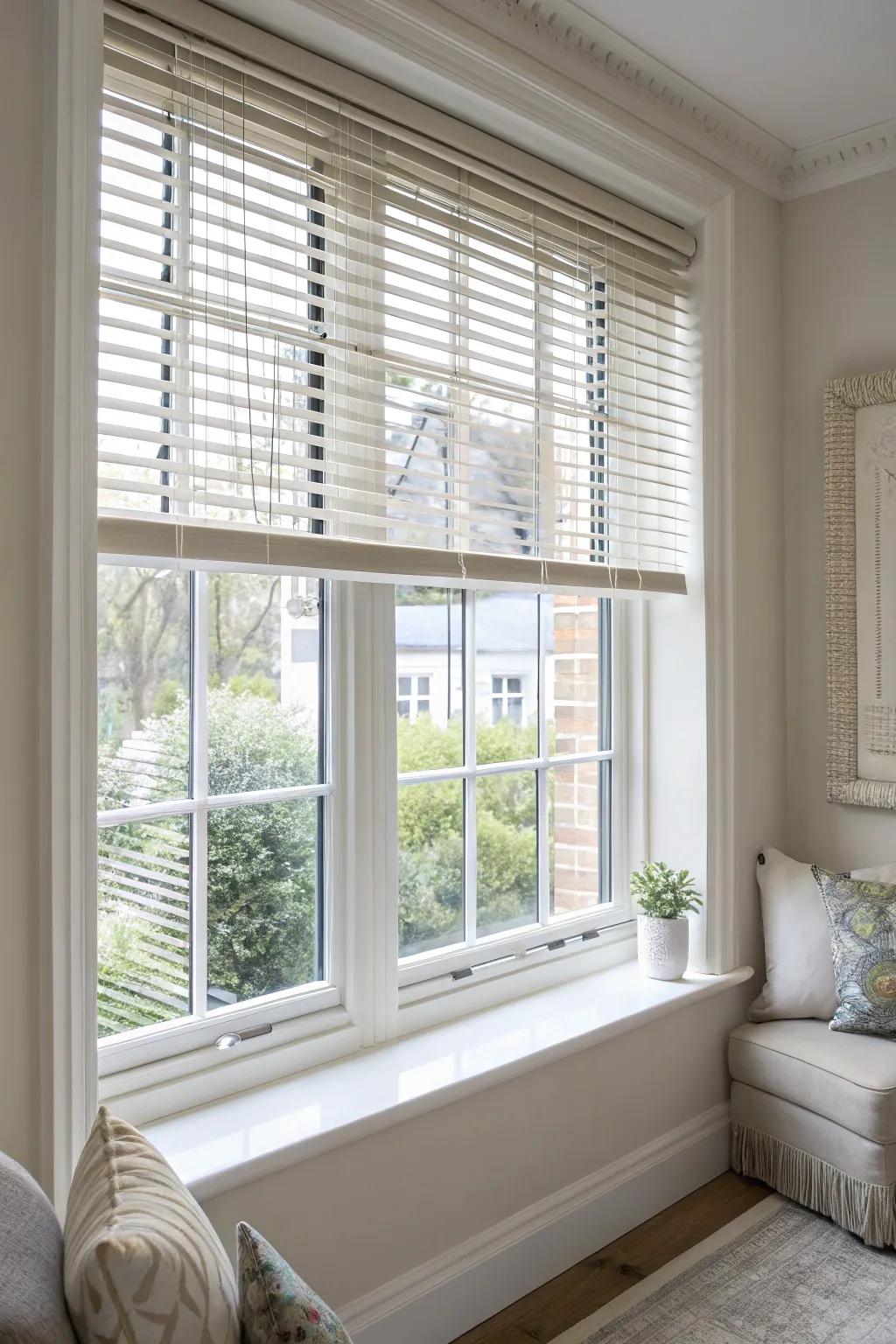 Window coverings coordinated with window design to accentuate architectural details.