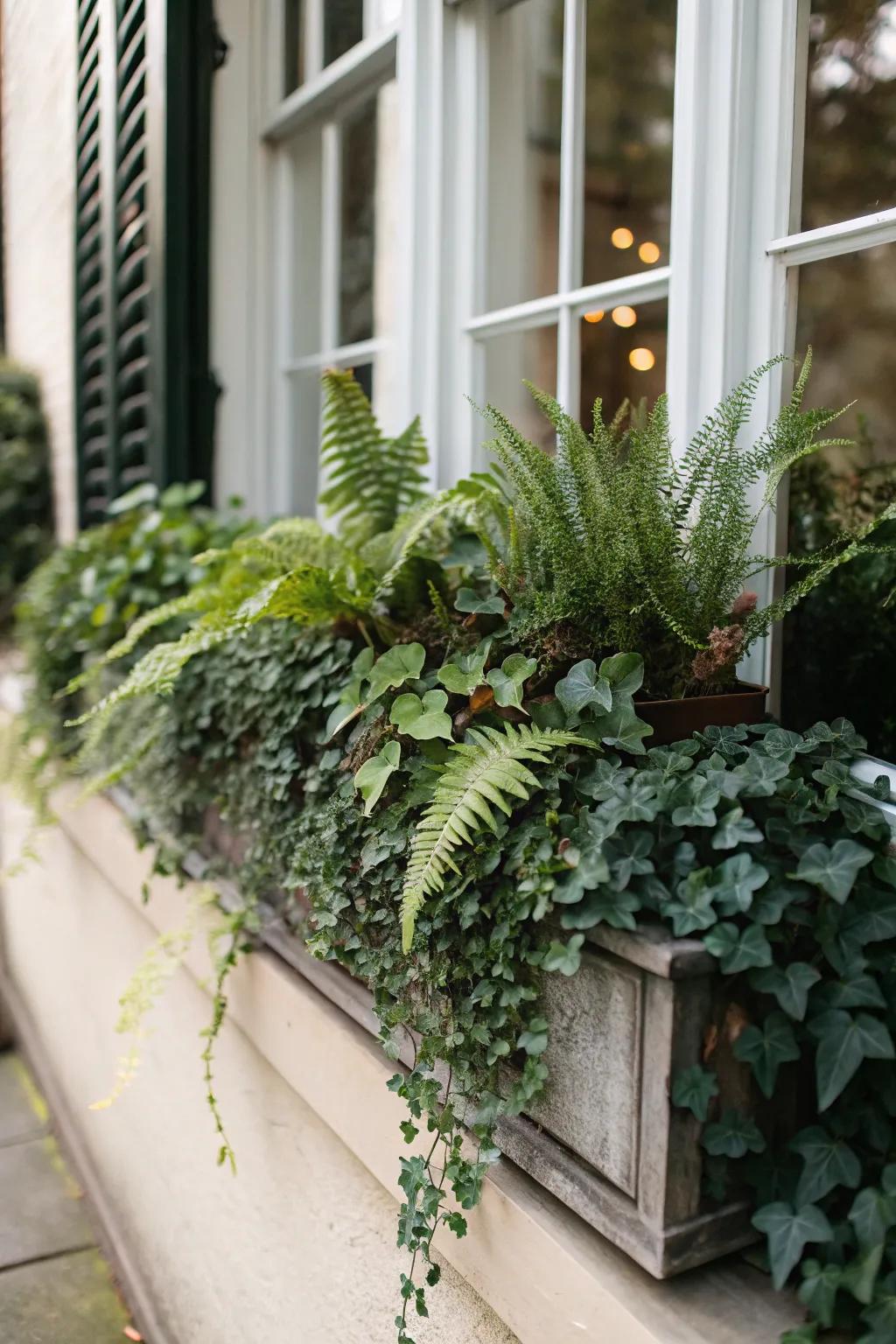Rich layers of greenery with ivy and ferns.