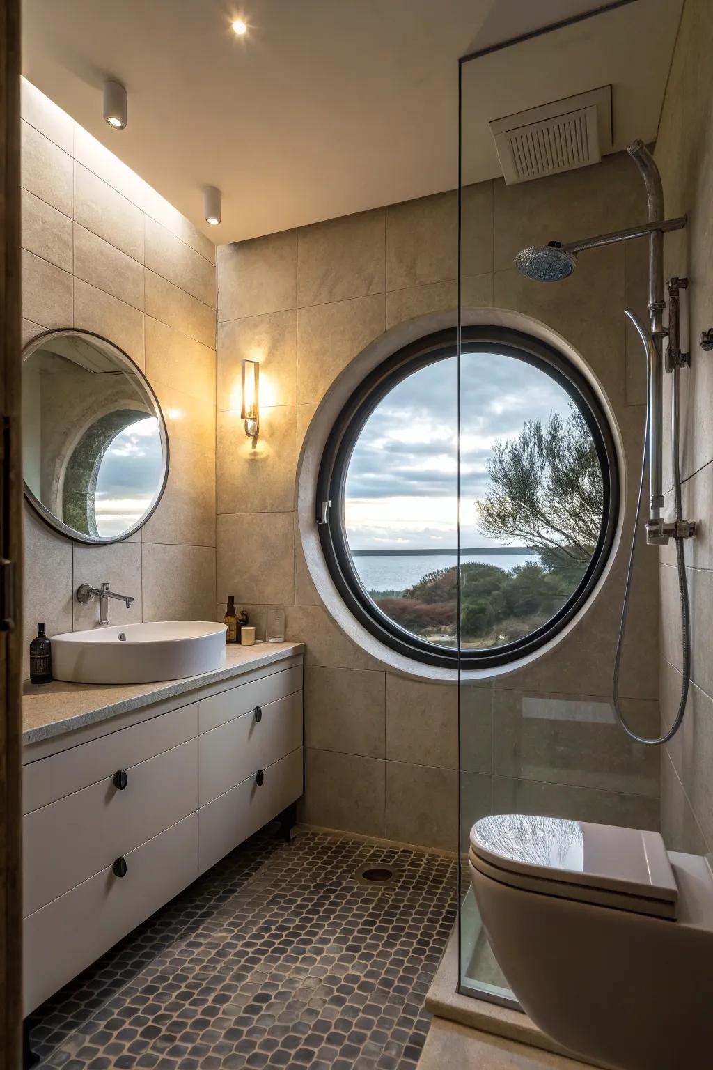 A circular window in the shower enhances the bathroom with a distinct architectural element.