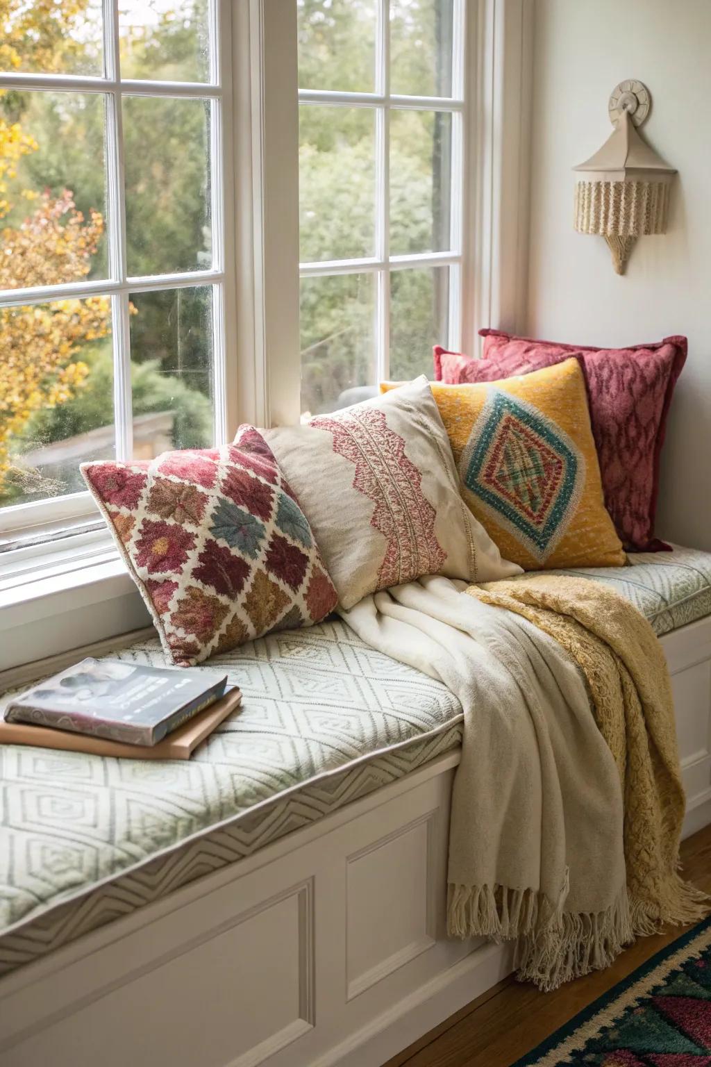 A window seat embellished with numerous soft cushions, enhancing warmth and personality.
