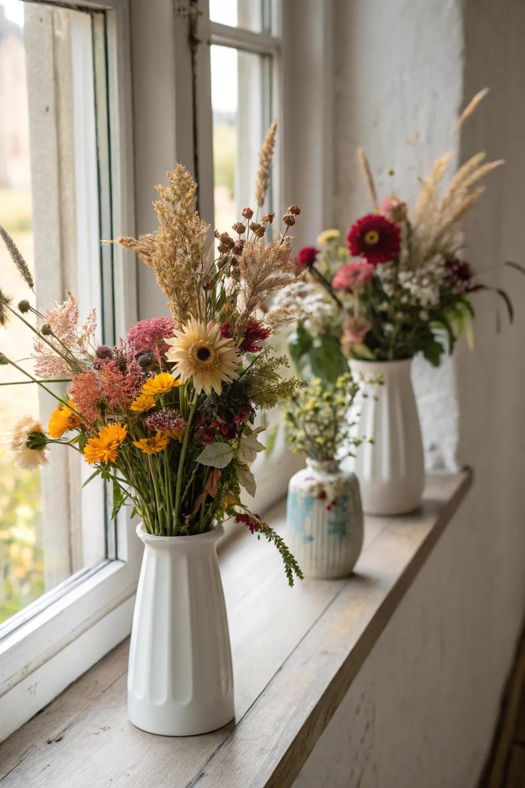The elegance of fresh and dried flowers in vases displayed on a windowsill.