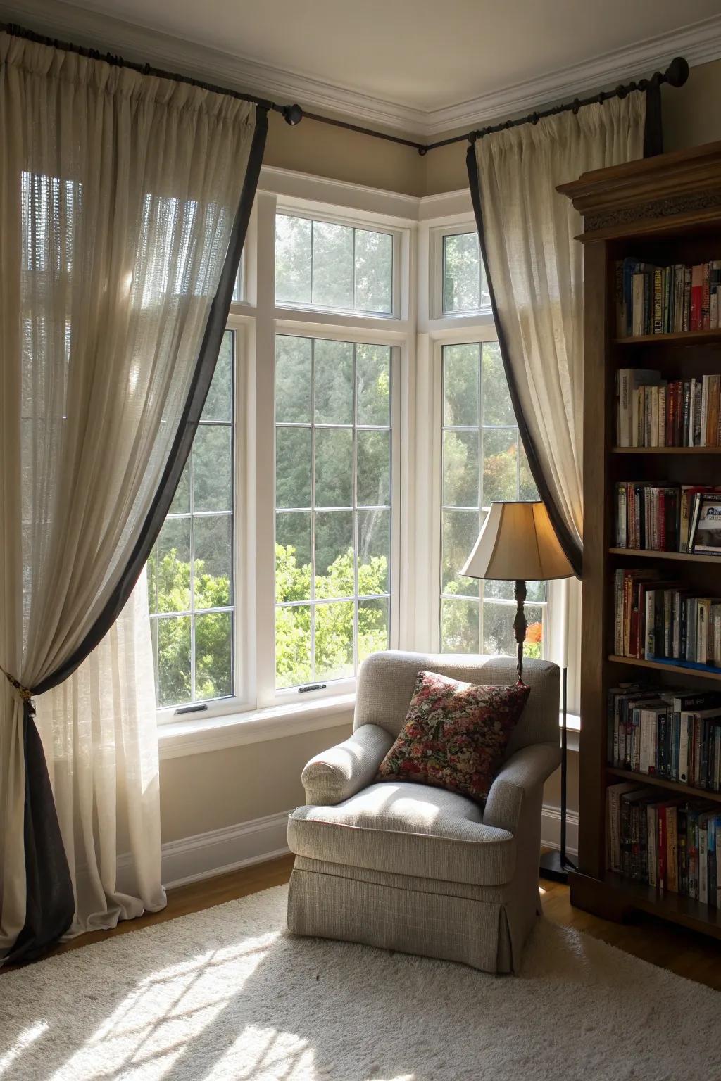 Layered window coverings provide style and adaptability.