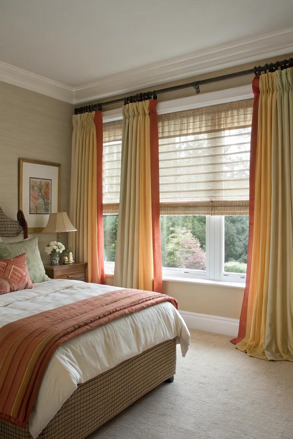 Layered curtains and blinds provide depth and control over natural light.