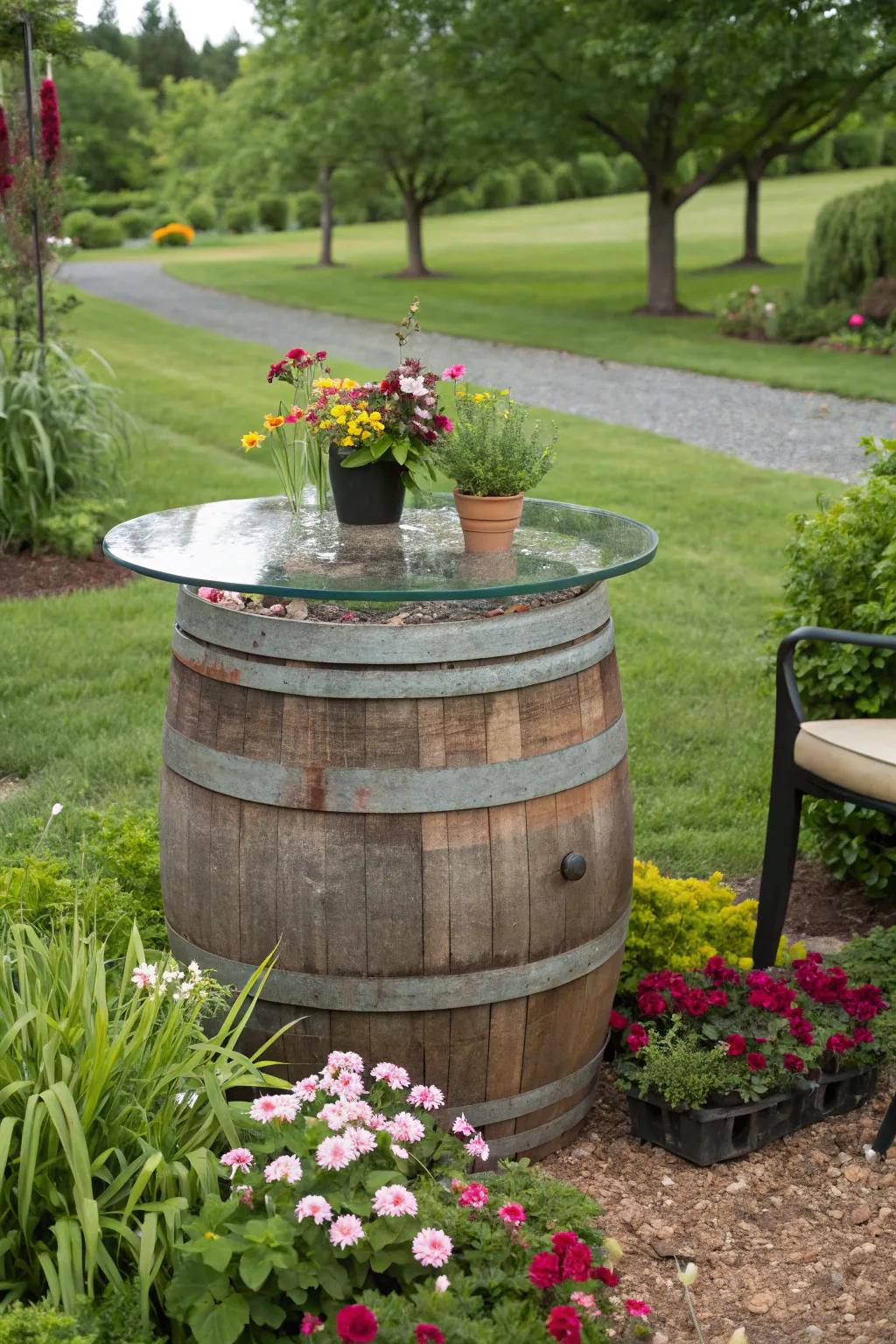 A wine cask table that serves dual purposes.