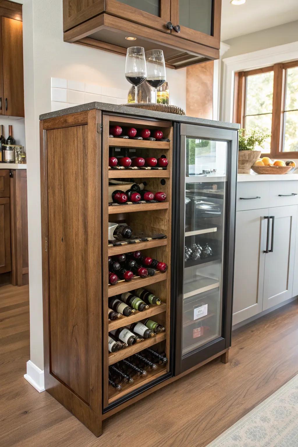 A compact wine cellar cabinet adds elegance and enhances organization.