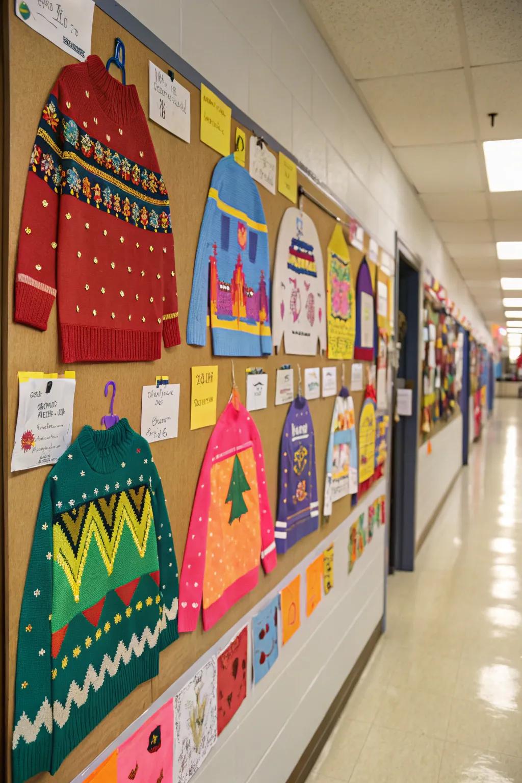 A display of snug sweaters adds a warm feel to the winter bulletin board.