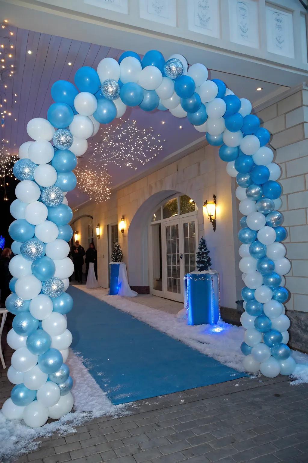 A balloon arch greets attendees into a winter wonderland.