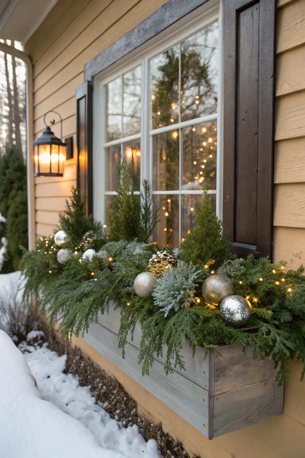 Ornaments contribute a festive gleam to winter window boxes.