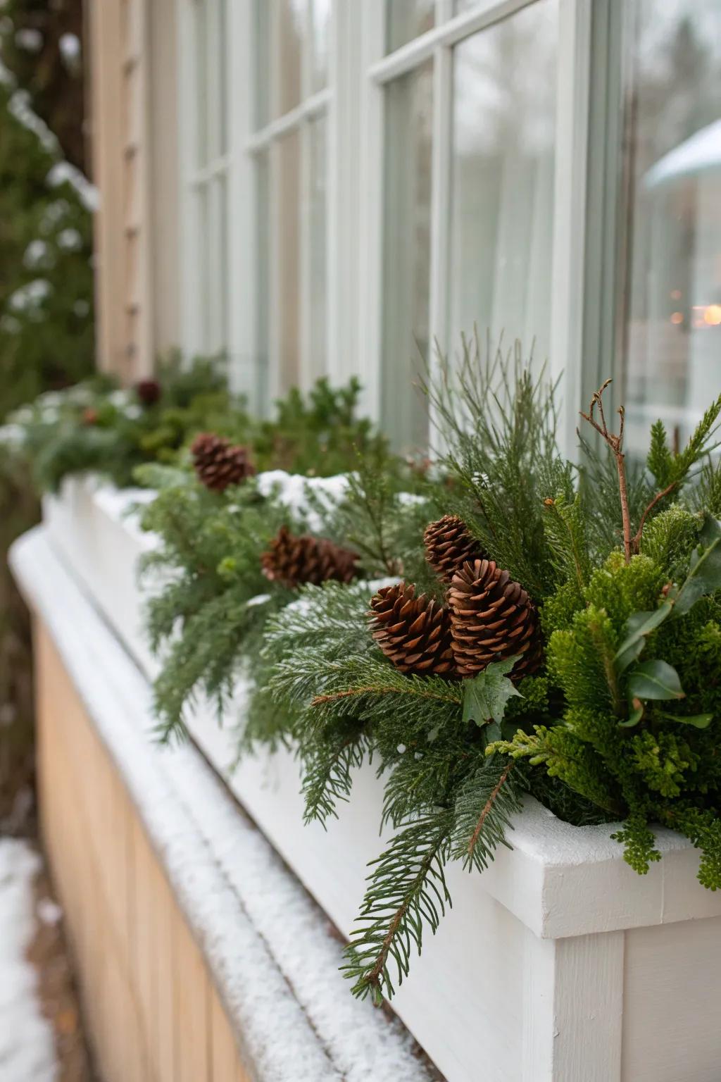 Pinecones nestled among lush evergreens offer a rustic and welcoming aesthetic to this window box.