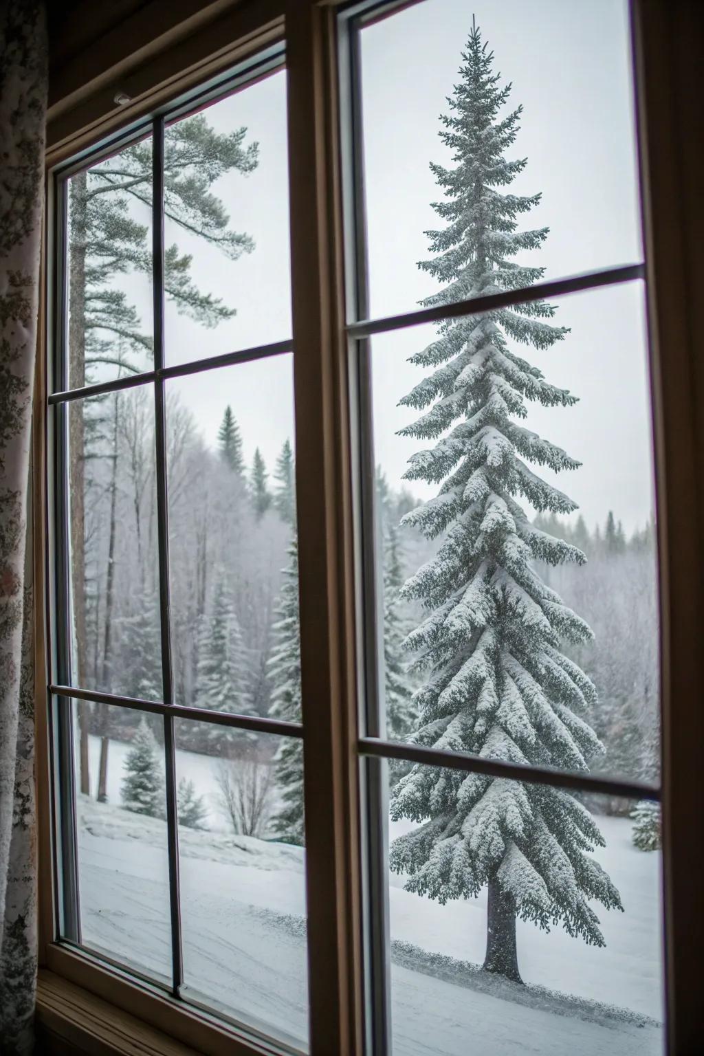 An enchanted winter forest provides a peaceful view.