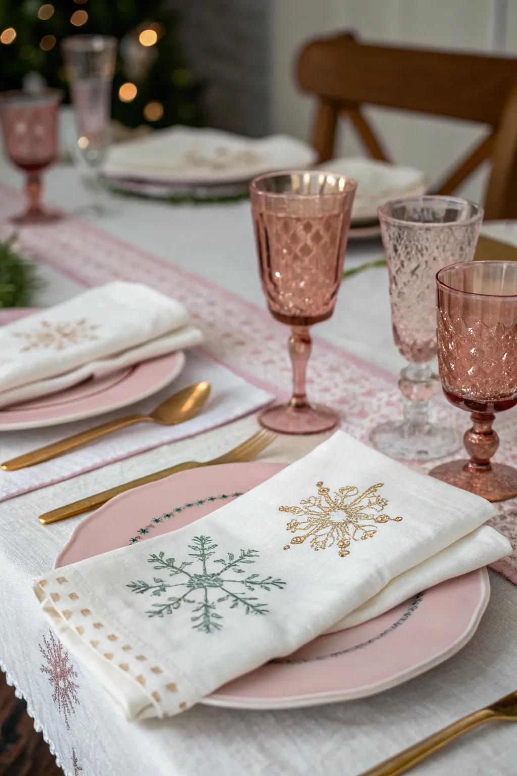 Elegant table settings featuring a snowy motif.