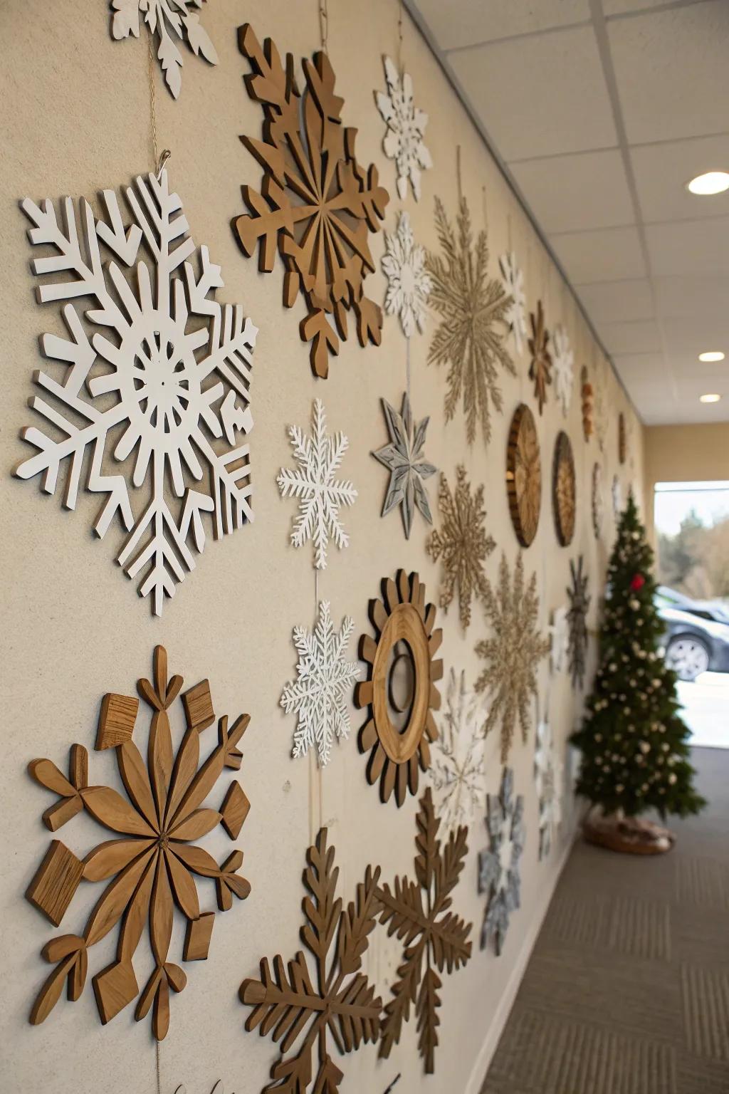 Snowflake wall decor carries the allure of a snowy day inside.
