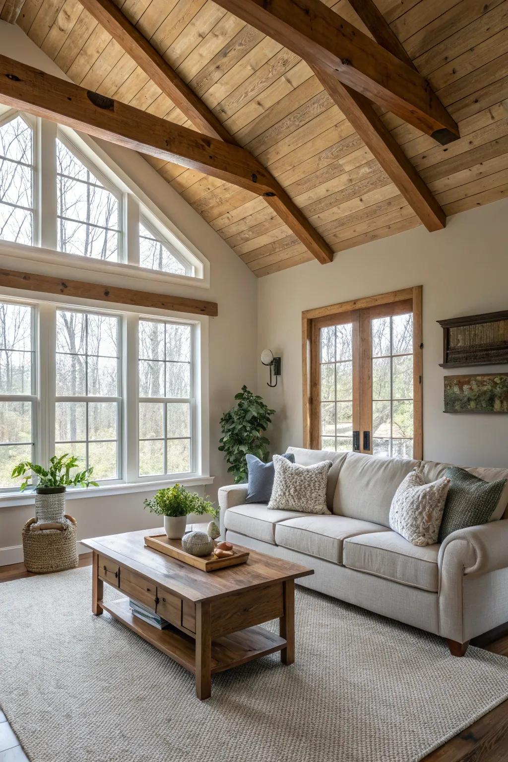 A peaceful living room featuring neutral hues and wood beams.