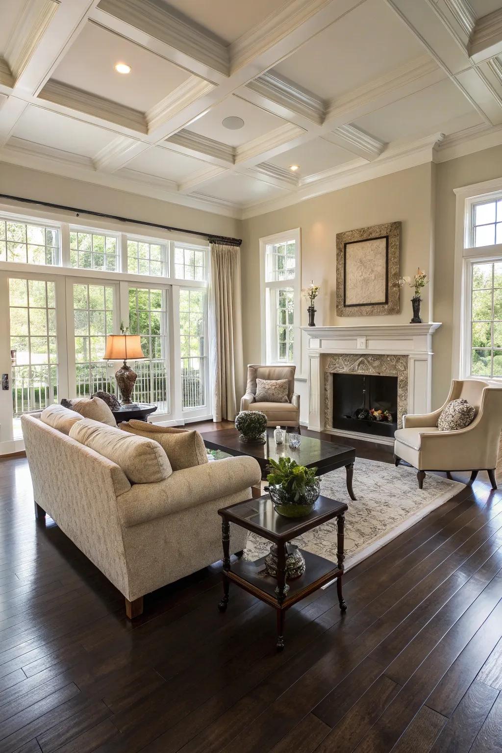 Lavish living room featuring deep colored timber flooring.
